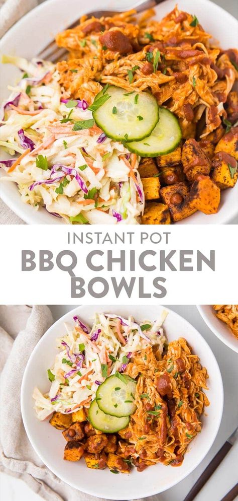 These BBQ chicken bowls are loaded with so much goodness: shredded BBQ chicken, seasoned cubed sweet potatoes roasted until crisp, a simple coleslaw, and quick homemade dill pickles. They're healthy and filling and surprisingly quick and easy. Whole30 and paleo, too. #whole30 #paleo #bbq #bowl #chicken Whole 30 Chicken Crockpot Recipes, Simple Coleslaw, Bbq Bowl, Sweet Potatoes Roasted, Homemade Dill Pickles, Paleo Bbq, Bowl Chicken, Shredded Bbq Chicken, Potatoes Roasted