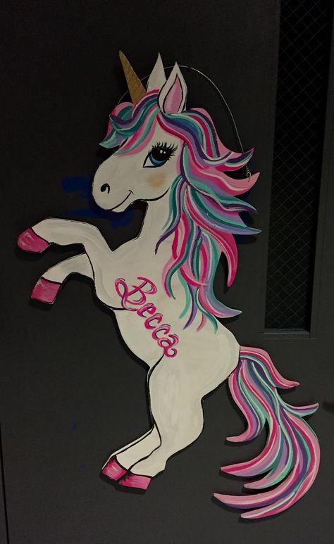 Unicorn Door Hanger, Unicorn Spit Techniques On Wood Door, Unicorn Stain, Unicorn Wood Sign, Unicorn Wood Cutout, Unicorn Wooden Letters, Avengers Drawings, Mdf Painting, Hanger Ideas