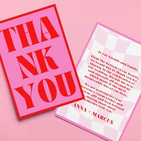 Introducing our "thank you" card that is sure to make a bold statement! Featuring a groovy 70s-inspired design, this retro card boasts bright red and pink colors that are guaranteed to catch the eye.  The typography is the real standout here, with bold, funky lettering that adds to the overall retro vibe. Whether you're planning a groovy wedding or a fun-filled event, this "THANK YOU" card is the perfect way to set the tone.  The accent colors of this card are perfectly placed to make a lasting Aesthetic Thank You Cards, Funky Lettering, Groovy Wedding, Promo Flyer, Brand Aesthetic, Personalized Thank You Cards, Retro Typography, Thank You Letter, Funky Design