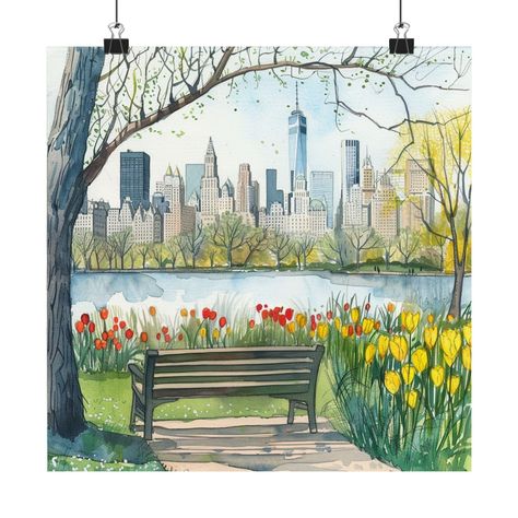 New York Art, Central Park Watercolor Painting, Spring Cityscape Wall Art, Travel Poster, NYC Skyline, USA Travel Art Park Watercolor Painting, Park Watercolor, New York Painting, Nyc Print, Voyage New York, Painting Spring, Wall Art Travel, Nyc Skyline, New York Central