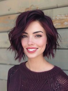 Coloured Short Hair Pixie Haircuts, Fun Colored Short Hair, Witchy Short Hair, Burgundy Balayage Short Hair, Deep Red Hair Color Short, Burgundy Bob Hair, Plum Short Hair, Short Bob Color Ideas, Fall Hair Color Short Hair