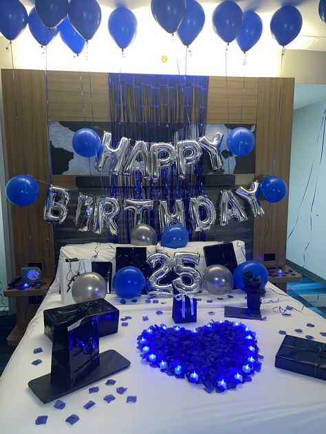 Room Decoration For Birthday Boyfriend, Bf 25th Birthday Ideas, Guy Birthday Setup, Boyfriends Birthday Outfit Ideas, Men’s Birthday Room Decor, Blue Decorated Hotel Room For Boyfriend, Birthday Rooms For Boyfriend, Bday Decorations For Boyfriend, Decorating My Boyfriends Room For His Birthday