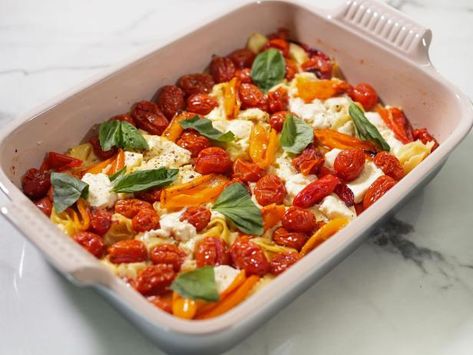 Get Better than Trendy Baked Tomato and Feta Pasta Recipe from Food Network Tomato And Feta Pasta, Tomato And Feta, Jeff Mauro, The Kitchen Food Network, Baked Tomatoes, Feta Pasta, Family Friendly Dinners, Pasta Bake, Pasta Recipe