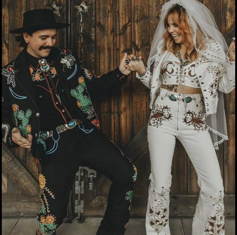 Low Key Wedding Outfit, Space Cowboy Wedding, Vegas Wedding Suit, Celestial Disco, Queer Wedding Outfit, Vegas Cowboy, Cowboy Suit, Canteloupe, Dark Wedding Theme