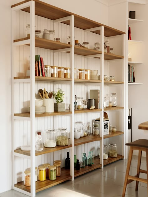 Scandinavian kitchen on Behance Kitchen Pantry Shelving Ideas, Cozy Modern Aesthetic, Farmhouse Pantry Organization, Kitchen Pantry Shelving, Pantry Shelving Ideas, Store Shelves Design, Farmhouse Pantry, Pantry Remodel, Pantry Shelving