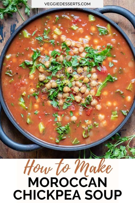 This flavorful Moroccan Chickpea Soup recipe combines warming spices with tomato and chickpeas for a hearty vegan meal. A great high-protein soup to make on a busy weeknight or for meal prep during the week! Ready in just 20 minutes. Chick Pea Soup Tomato, Spicy Vegetable Soup, Kidney Bean Soup, Moroccan Chickpea Soup, Protein Soup, Moroccan Soup, Moroccan Chickpea, Protein Soups, Chicken Chickpea