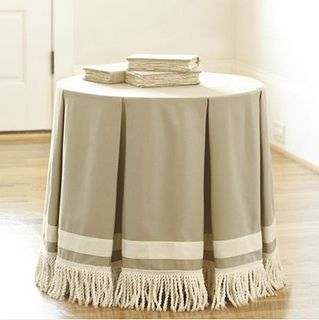 New look for those faux round tables! Bullion Fringe, Tablecloth Round, Designer Table, Party Table Cloth, Table Skirt, Traditional Table, Table Round, Top Table, European Linens