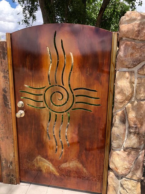 CUSTOM ZIA DESIGN WALKING GATE FOR SALE! Zia sun symbol custom walking gate (36.5" x 58") FOR SALE for $2000 at our store in Bernalillo, New Mexico! Southwestern Front Door, Southwest Metal Art, Sedona House, Southwest Metal Gates, Zia Sun Symbol, Western Wrought Iron Gates, Cactus Garden Design, Ranch Enterence Gates, Can Lanterns