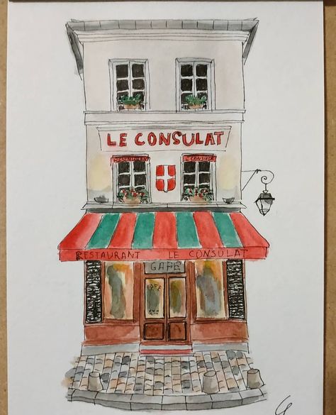 Le Consulat Paris, Restaurant Sketch, French Cafes, Arch Sketch, Postcards Diy, A3 Frame, Paris Illustration, Urban Sketch, Cafe Art