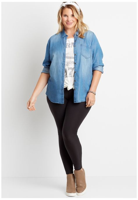 Plus Size Black Jeans Outfit, Demin Shirt Outfit, Jean Shirt Outfits, Chambray Shirt Outfits, Plus Size Outfits Casual, Denim Shirt Outfit, Maurices Plus Size, Roll Sleeves, Denim Tunic