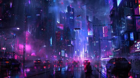 Neon Cybercity Vista: A futuristic cityscape bustling with neon lights, gleaming under a rain-soaked, purple-hued nocturnal sky. #futuristic #cityscape #neon #purple #night #aiart #aiphoto #stockcake ⬇️ Download and 📝 Prompt 👉 https://ayr.app/l/1mDp Neon Cyberpunk, Romance Art, Cyberpunk City, Arte Cyberpunk, Futuristic City, Animation Design, Aesthetic Collage, Purple Hues, Abstract Wallpaper