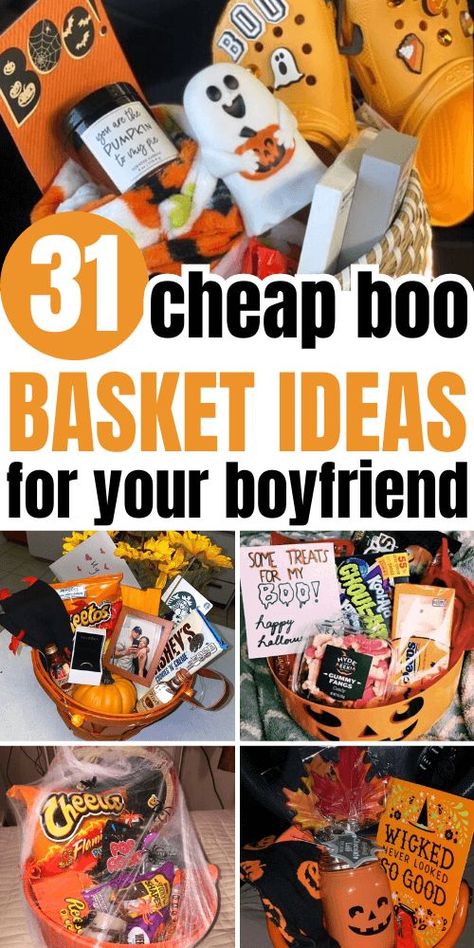 Boo Basket Ideas for Boyfriend Diy Halloween Basket, Boo Basket Ideas For Boyfriend, Spooky Basket Ideas, Halloween Treat Baskets, Boo Basket Ideas, Basket Ideas For Boyfriend, Diy Halloween Gifts, Spooky Basket, Creepy Halloween Food