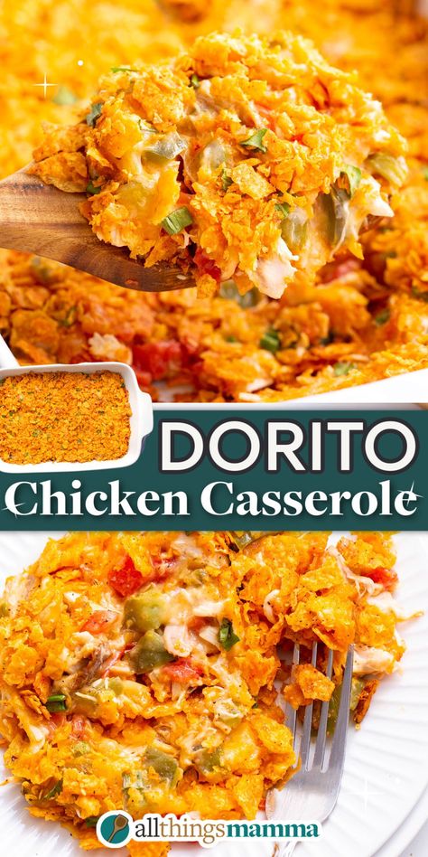 collage image showing close ups of Dorito Chicken Casserole. Velveeta Chicken Casserole, Mexican Chicken With Doritos, Chicken Dorito Casserole Recipe, Baked Casseroles, Dorito Chicken Casserole, Chicken Dorito, Shredded Chicken Casserole, Casseroles Chicken, Vegetarian Chili Crock Pot