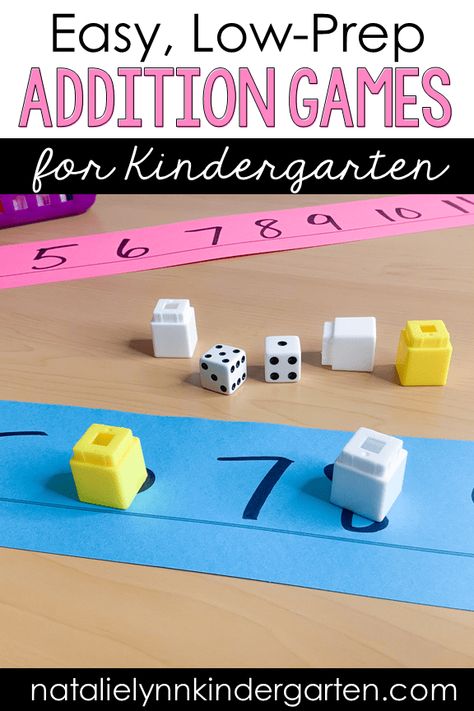 Easy Addition Games, Math Number Sense Kindergarten, Addition And Subtraction Games Kindergarten, Addition Math Centers Kindergarten, Low Prep Kindergarten Centers, Easy Math Games For Kindergarten, Addition Centers Kindergarten, Addition Kindergarten Activities, Kindergarten Addition Games