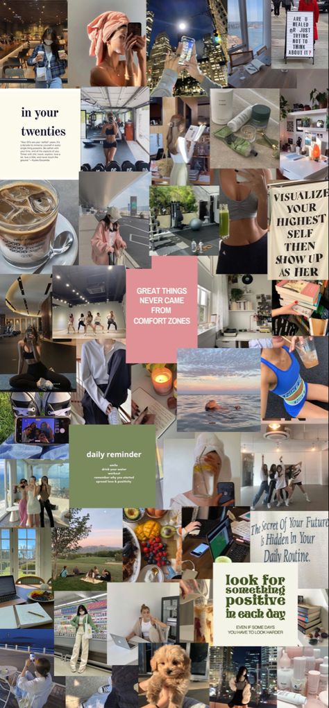 iphone lock screen vision board In Your Twenties Vision Board, Vision Board Screen Saver, Iphone Vision Board, Wallpaper Vision Board, Collage Wallpapers, Aesthetic Paper, Vision Board Pics, Vision Board Collage, College Vision Board