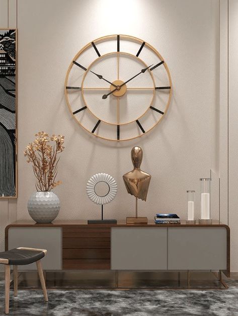 Golden Dial – ClockCanvas Watch For Living Room, Large Wall Clocks Living Room, Gold Wall Clock, Keyhole Hanger, Metal Clock, Modern Glam, Glam Look, Solid Hardwood Floors, Manufactured Stone