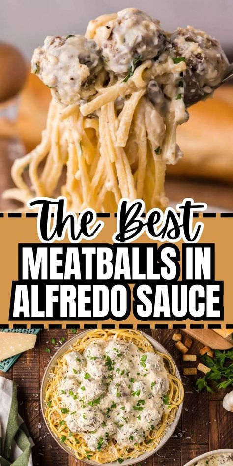 Collage of forkful of alfredo meatballs at top and overhead shot of plateful of alfredo meatballs at bottom. Meatballs With Alfredo Sauce, Alfredo Meatballs, Easy Alfredo, Leftover Meatballs, Creamy Alfredo Sauce, Cheesy Meatballs, Buffalo Chicken Pasta, Best Meatballs, Tasty Dinner