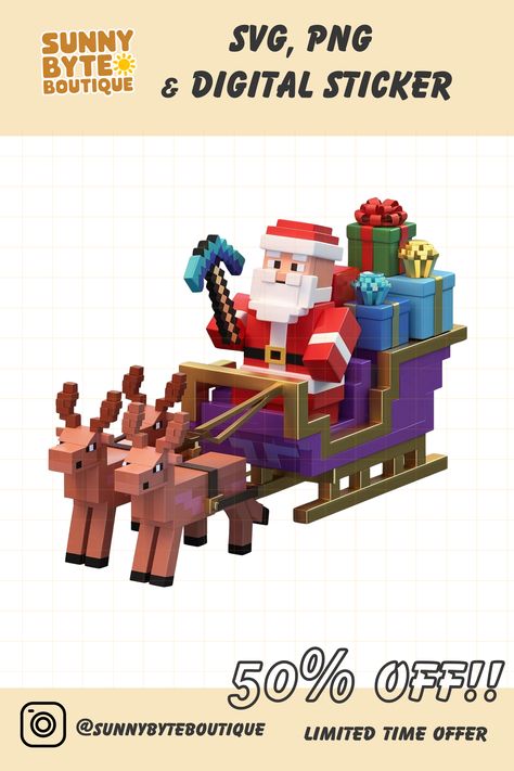 Pixelated Santa Claus riding a sleigh with reindeer and presents in a minecrafter-inspired Christmas style. Minecraft Santa Sleigh, Sleigh With Reindeer, Santa Claus Sleigh, Reindeer Sleigh, Create Christmas Cards, Santa Art, Pixel Design, Party Invites, Santa Sleigh