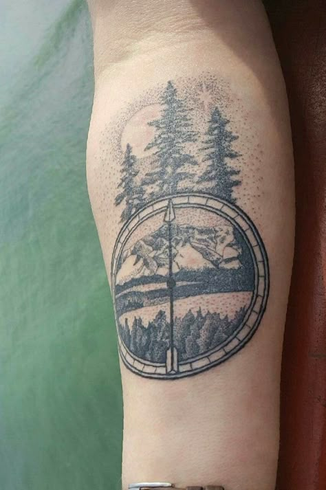 North Arrow Tattoo, Lake Tahoe Tattoo Ideas, Lake Tahoe Tattoo, Compass Mountain, Outdoor Tattoo, Lake Tattoo, Mother Nature Tattoos, North Lake Tahoe, Hiking Tattoo