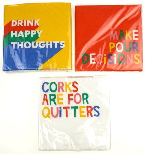 Amazon.com | Drinking Themed Beverage Cocktail Napkins Bundle (3 Designs): Drink Happy Thoughts, Corks Are For Quitters & Make Pour Decisions - 5x5 Inch Square - 3 Packages (60 Napkins Total): Cocktail Napkins Christmas Sauce, Drink Happy Thoughts, Corks Are For Quitters, Funny Cocktail Napkins, Funny Cocktails, Pour Decisions, Pickle Gifts, Tissue Napkins, Yellow Napkins