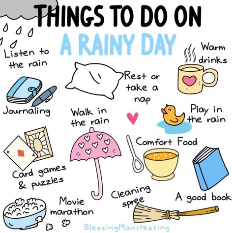 I've been working in the wee hours of the morning as the rain patters away outside and it's my favorite thing. It calms and focuses me and makes me feel so inspired to do the work.  So I figured I'd create this little graphic to show the other things that I LOVE doing on rainy days. What's your favorite things to do?  #rainydays #selfcareideas #selfcarememe #thingstodotoday #whatsyourfavoritething #rainyday #rainyday☔ #waystorest #currentmood Interactive Post, Self Care Worksheets, November Quotes, It's Time To Change, Vacation Video, Kids Vacation, Things To Do When Bored, Walking In The Rain, Black Pins