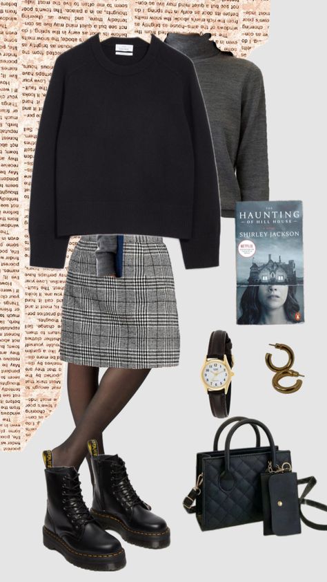 Fall dark academia outfit inspo #outfitinspo #books #darkacademia Dark Academia Skirt Outfit, Plaid Mini Skirt Outfit, Fall Dark Academia, Dark Academia Skirt, Dark Academia Outfit, Miniskirt Outfits, Sheer Tights, Plaid Mini Skirt, Black Sweater