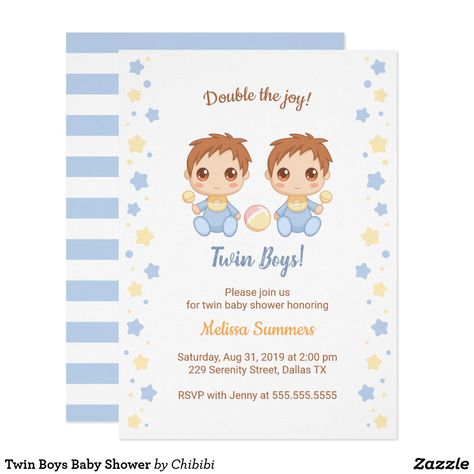 Twin Boys Baby Shower Invitation Cute cartoon baby boys in matching blue rompers and yellow bibs holding baby rattles. Lovely and original baby shower invitation. 1st Birthday Invitation Wording, Baby Twins Boy, Twin Boy And Girl Baby Shower, First Birthday Invitation Cards, It's A Baby Boy, Twin Boys Baby Shower, 1st Birthday Invitation Template, Twins Boy, Baby Boy Shower Invitations