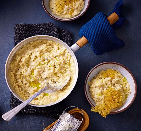 Next level three-cheese risotto Risotto Recipes Cheese, Cheese Risotto, Cheese Crust, Rice Risotto, Risotto Rice, Cheese Stuffed Peppers, Risotto Recipe, Bbc Good Food, Three Cheese