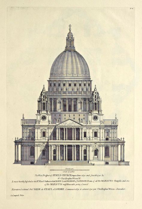 Wren’s elevation for St. Paul’s Church, London St Pauls Cathedral London, Architecture Baroque, Architecture Antique, St Paul's Cathedral, Neoclassical Architecture, London Architecture, St Pauls Cathedral, City Of London, Royal Academy Of Arts