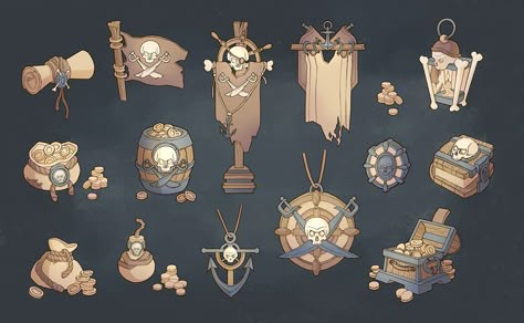 Pirate's props, Mariia Markina on ArtStation at https://www.artstation.com/artwork/bKDg4d Pirate Props Concept Art, Pirate Artwork, Pirates Design, Pirate Items, Pirate Props, Golden Age Of Piracy, Pirate Cat, Dnd Items, Pirate Accessories