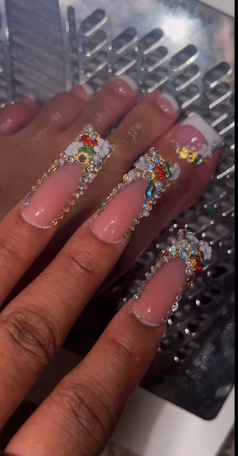 Maddy Perez Nails Euphoria, Rhinestone Designs Nails, Junk French Tip Nails, Birthday Nail Set Ideas Leo, Mariah The Scientist Tattoos, Nail Inspo Extra, Baddie Spam Pfps, Colorful Birthday Nails, Extra Nail Ideas