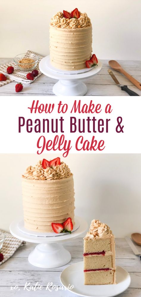 Made from Scratch Peanut Butter and Jelly Cake - XO, Katie Rosario Peanut Butter And Jelly Cake, J Cake, Tart Strawberry, Homemade Strawberry Jam, Recipe Tutorial, Cake Decorating For Beginners, Wilton Cake Decorating, Cake Decorating Classes, Peanut Butter Cake