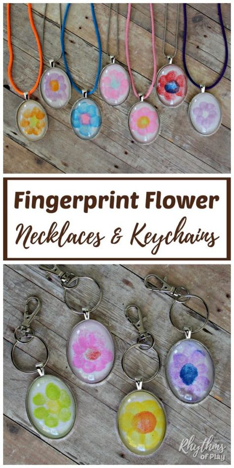 Fingerprint Flower Necklace & Keychain - Use this simple jewelry tutorial to make a one of a kind gift for your family, friends, or teachers. This keepsake is sure to be treasured! | #RhythmsOfPlay #JewelryTutorial #HowTo #NecklaceTutorial #KeychainTutorial #GiftIdea #MothersDay Jewelry Making Tutorial, Keepsake Crafts, Flower Keychain, Jewerly Making, Easy Flower, May Day, Favorite Teacher, Necklace Pendants, Mothers Day Crafts