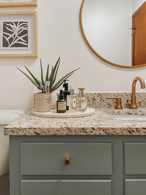 Diy Painting Bathroom Vanity, Farmhouse Painted Bathroom Vanity, Green Paint For Bathroom Vanity, Green Bathroom Vanity Brown Granite, White Bathroom Vanity Brown Countertop, Safe Green Bathroom Vanity, Bathroom Counter Colors, Bathroom Paint Colors White Vanity, Bathroom Vanity With Granite Countertop