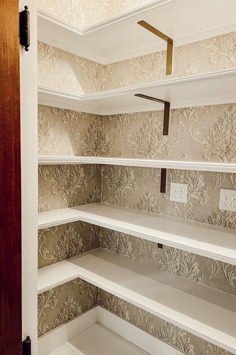 Food Pantry Shelves - Deb and Danelle Wood Shelves Kitchen Pantry, Open Pantry Shelving, Shelves In Pantry Closet, Pantry Shelves With Brackets, Wooden Pantry Shelves, Kitchen Pantry Shelves, Diy Pantry Shelves Over Wire, Pantry Shelf Ideas, Pantry Makeover Ideas