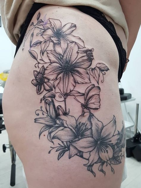 Clematis Tattoo, Thigh Tat, Explore Tattoo, Clematis Flower, Book Tattoo, Body Modifications, Piercing Tattoo, Thigh Tattoo, Clematis