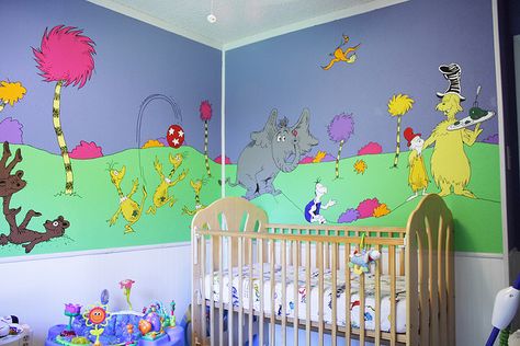 Dr. Seuss Mural Baby Room #Seuss #Nursery Lorax Nursery, Dr Seuss Mural, Dr Suess Nursery, Dr Seuss Nursery, Book Nursery, Nursery Themes Neutral, Book Clock, Dr. Seuss, Baby Theme