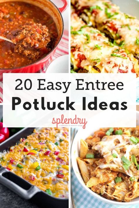 Whether you've got a church potluck to attend, or a holiday party crowd to feed, we've got 20 of the easiest and most delicious entree recipes to try! From slow cooker pastas to yummy casseroles, there's something for everyone! #potluck #recipesforacrowd #feedacrowd #easyrecipes #potluckrecipes #slowcookerrecipes #casserole Good Potluck Ideas, Large Easy Meals For Party, Main Potluck Dishes, Entree Recipes For A Crowd, Potluck Entrees Main Dishes, Large Gathering Dinner Ideas, Easy Meat Dishes For A Crowd, Summer Potluck Main Dish, Easy Meal To Feed A Crowd