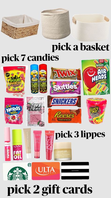 #birthday basket Friend Ideas, Preppy Things, Birthday Basket, Christmas Bucket, Self Care Bullet Journal, Sour Patch, Pink Lemonade, Peanut Butter Cups, Basket Ideas