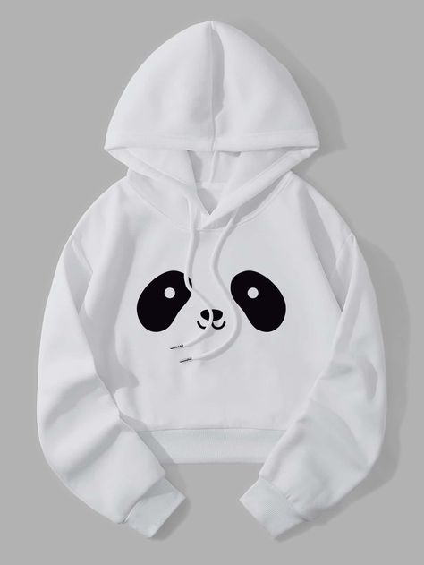 White Casual Collar Long Sleeve Fabric Cartoon Pullovers Embellished Slight Stretch Fall/Winter Women Clothing Crop Sweatshirt Hoodie, Thermal Hoodie, Panda Print, Women Sweatshirts, Crop Hoodie, Cute Sweatshirts, Baby Things, Inspiration Mode, Crop Sweatshirt