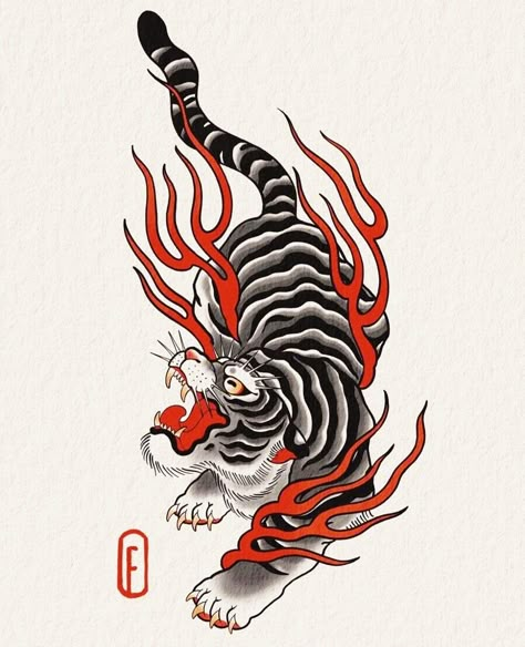 Tiger Flash Tattoo, Trad Tiger Tattoo, Japanese Flames Tattoo, Traditional Japanese Tiger Tattoo, Old School Tiger Tattoo, Japanese Tattoo Traditional, Tiger Traditional Tattoo, Tiger Japanese Tattoo, Japanese Tiger Tattoo Design