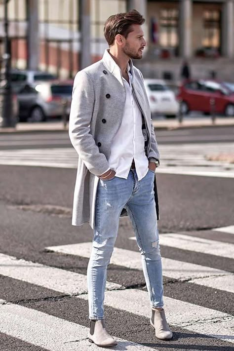 Ripped Jeans Men Outfits, Mens Christmas Party Outfit, Grey Coat Outfit, Mens Wool Overcoat, White Shirt And Blue Jeans, White Oxford Shirt, Mens Outwear, Grey Overcoat, Overcoat Men