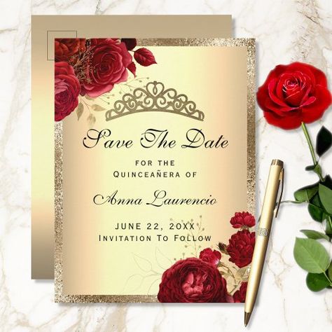 $1.46 | Red Gold Floral Roses Quinceanera Save The Date #save the date, quinceanera, red, gold, 15th birthday party, quince anos, roses, floral, fancy calligraphy, elegant crown Quinceanera Ideas Red, Save The Date Quinceanera Ideas, Quinceanera Save The Date, Quinceanera Red, Fancy Calligraphy, Elegant Crown, Quinceanera Collection, Save The Date Postcard, Save The Date Postcards