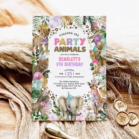 Girly Party Animals Wild Jungle Safari Birthday for $3.08 - Birthday Invitations Cute Birthday Party Themes, Safari Birthday Theme, Toddler Birthday Party Themes, Birthday Invitations Pink, Safari Invitation, Safari Birthday Invitation, Best Birthday Party Ideas, Safari Invitations, Modern Birthday Party