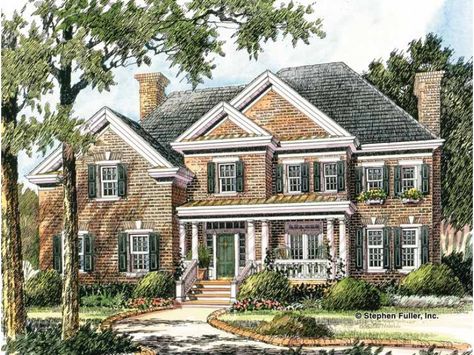 Fall Houses Exterior, Colonial Style House, Colonial Style House Plans, Brick Siding, Colonial House Plans, Cat Houses, Dining Room Fireplace, Open Staircase, Shingle Exterior