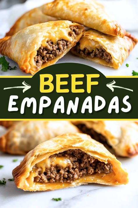 These beef empanadas are made with refrigerated pie crusts, making them quick and easy. Serve them for parties, game days, and more! Food Recipes Enchiladas, Hamburger Dinners, Random Dinner, Mexican Food Recipes Enchiladas, Beef Recipes Summer, Easy Empanadas Recipe, Recipes Enchiladas, Ground Beef Recipes Quick, Beef Recipes For Dinner Healthy