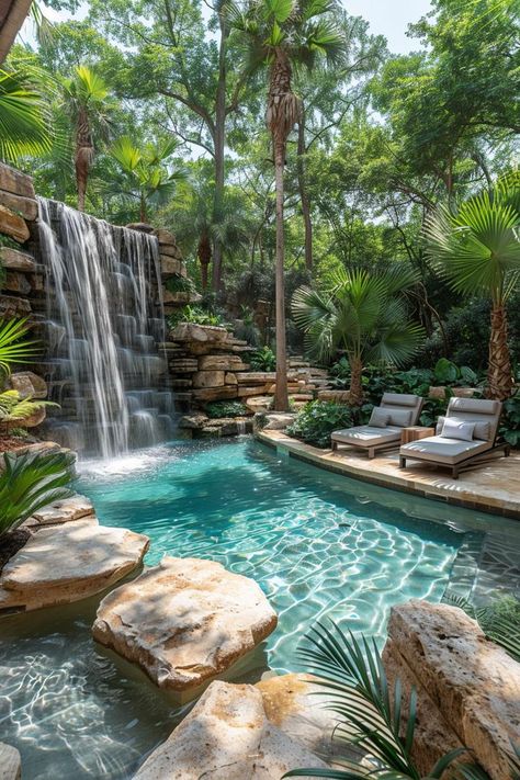 Pool Backyard Landscape, Lagoon Pool Backyard, Pool With Waterfall, Pool Landscaping Ideas, Best Pools, Stone Pathways, Winter Pool, Rustic Pergola, Oasis Pool