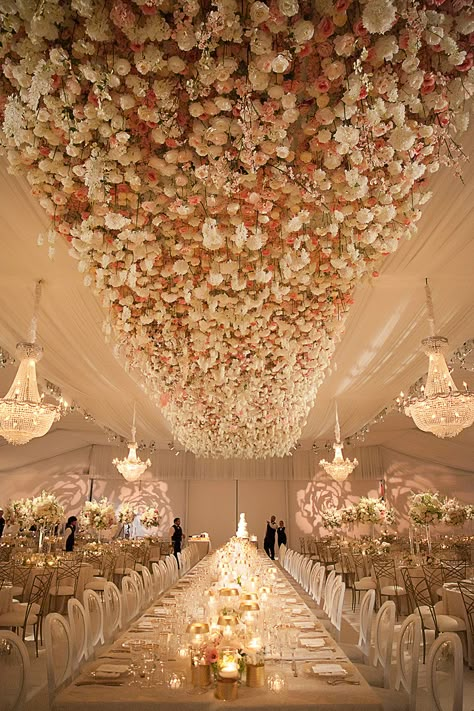 Ethereal Wedding Theme - Blush Flowers - White, Gold Wedding Ideas | Flowers, Decor & Rentals: Plants N’ Petals |  Wedding Dress: Joan Pillow Bridal Salon |  Cake: Susie’s Cakes & Confections |  Bridesmaids Dresses: Bella Bridesmaids |  Photo: Michael Carr Photography | #blush #weddingflowers #floral #decor #ceiling #flowerideas #tablescape #tentwedding Flowers On Ceiling Wedding, Roses From Ceiling Wedding, Flowers On The Ceiling, Ceiling Flowers Wedding, Floral Ceiling Wedding, Diy Ceiling Decorations, Wedding Tent Flower Ceiling, Ceiling Decoration Ideas, Hanging Floral Wedding Dance Floor