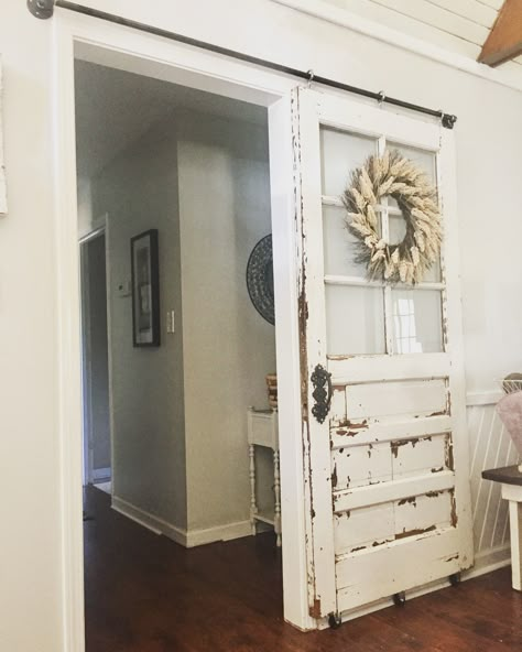 Old Door As Barn Door, White Rustic Door, Barn Doors In Hallway, Reclaimed Farmhouse Door, Interior Door Styles Farmhouse Wood, Sliding Vintage Door, Barn Doors Sliding Hallway, Old Farmhouse Door Ideas, Sliding Barn Door With Window