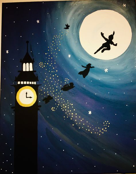 Peter Pan Canvas Painting Really Big Canvas Painting Ideas, Disney Movie Landscapes, Tinker Bell Painting On Canvas, Peter Pan Acrylic Painting, Peter Pan Canvas Painting, Peter Pan Painting Ideas, Peter Pan Painting Easy, Peter Pan Pumpkin Painting, Peter Pan Drawing Easy